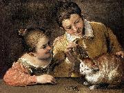 Annibale Carracci Two Children Teasing a Cat oil on canvas